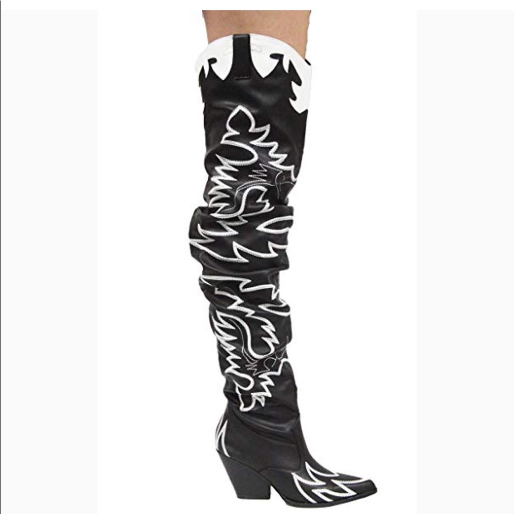 Women's Black & White Embroidered Over-the-Knee Western Boots - Picture 5 of 7